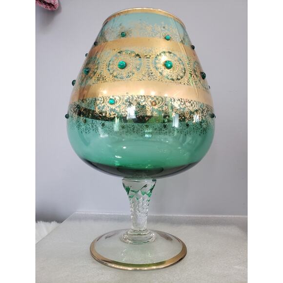 LARGE Vintage Jeweled Empoli Brandy Snifter Vase Gold Green Gilded Bohemian‎ - Picture 1 of 8
